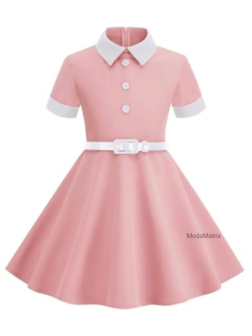 Girls 1950s Vintage Swing Dress with Belt Rockabilly Audrey Hepburn Style Short